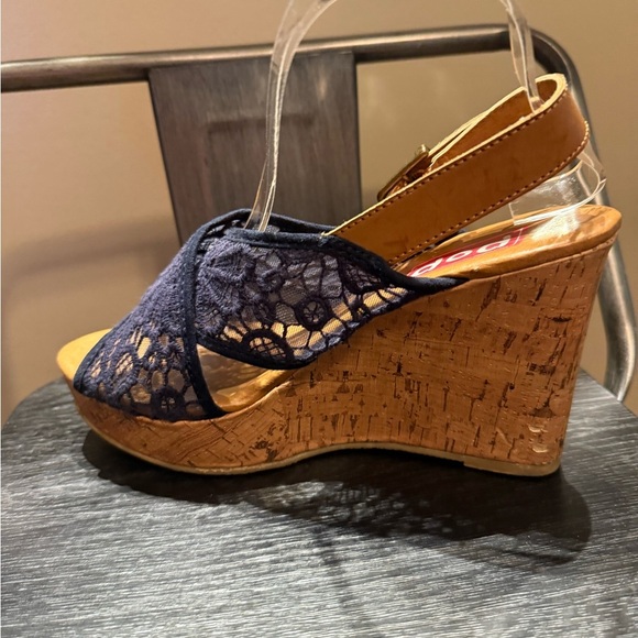 Pop Midnight Blue Lace Wedge Sandals - Picture 8 of 15